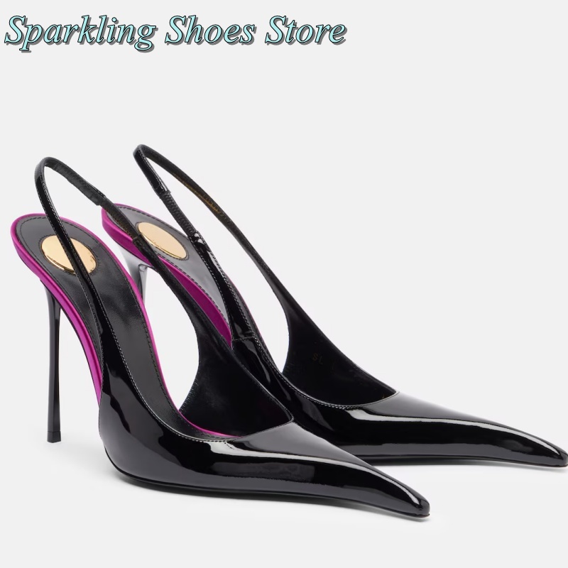 Kids Shoes Women - New Black Patent High Heels Patchwork