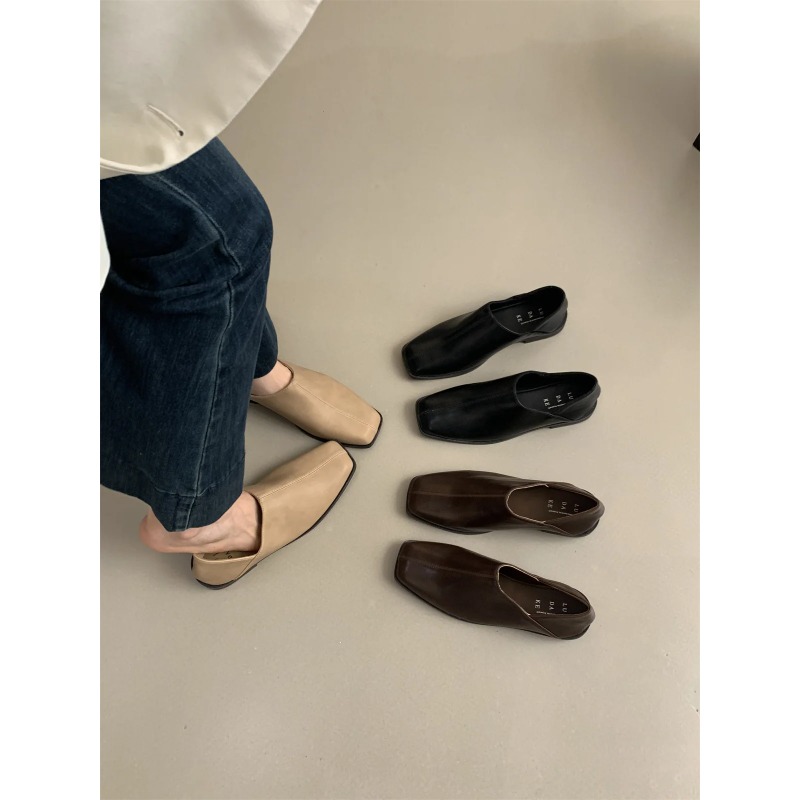 Retro Square Head Flat Leather - Shoes For Women Flats 评论和价格