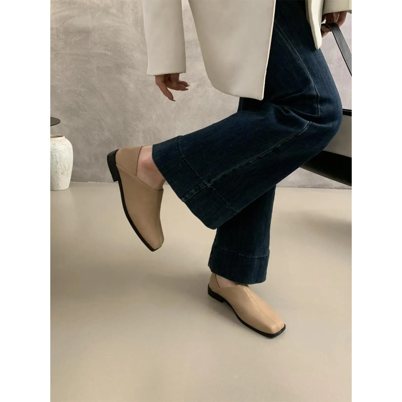 Retro Square Head Flat Leather - Shoes For Women Flats 评论和价格