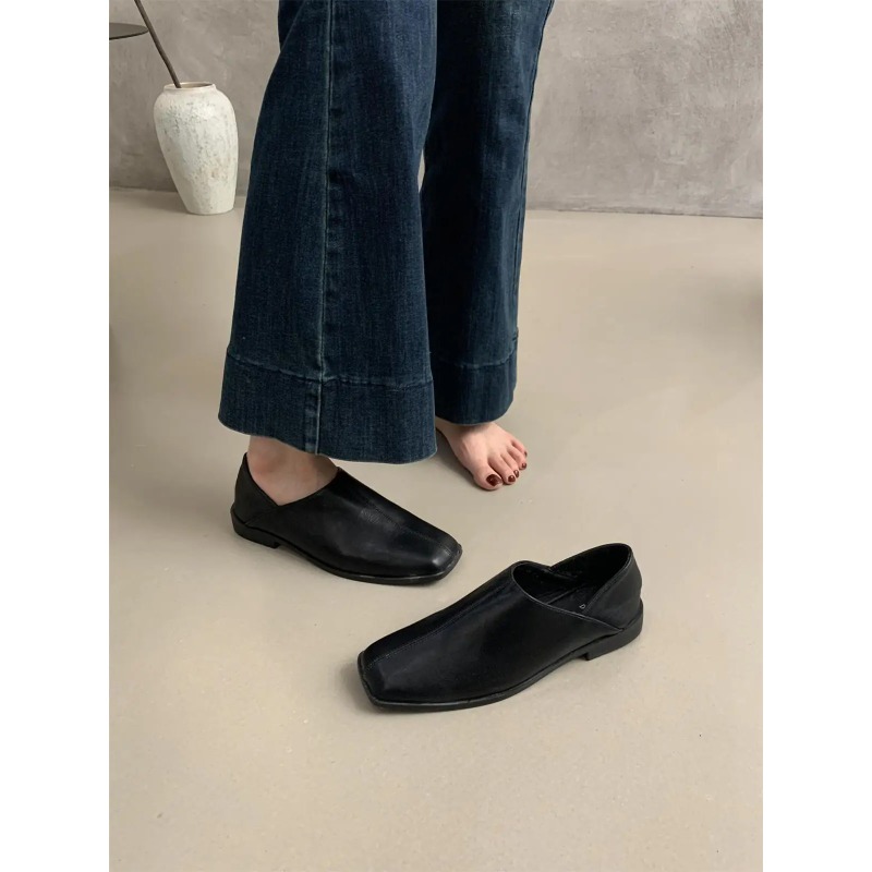 Retro Square Head Flat Leather - Shoes For Women Flats 评论和价格