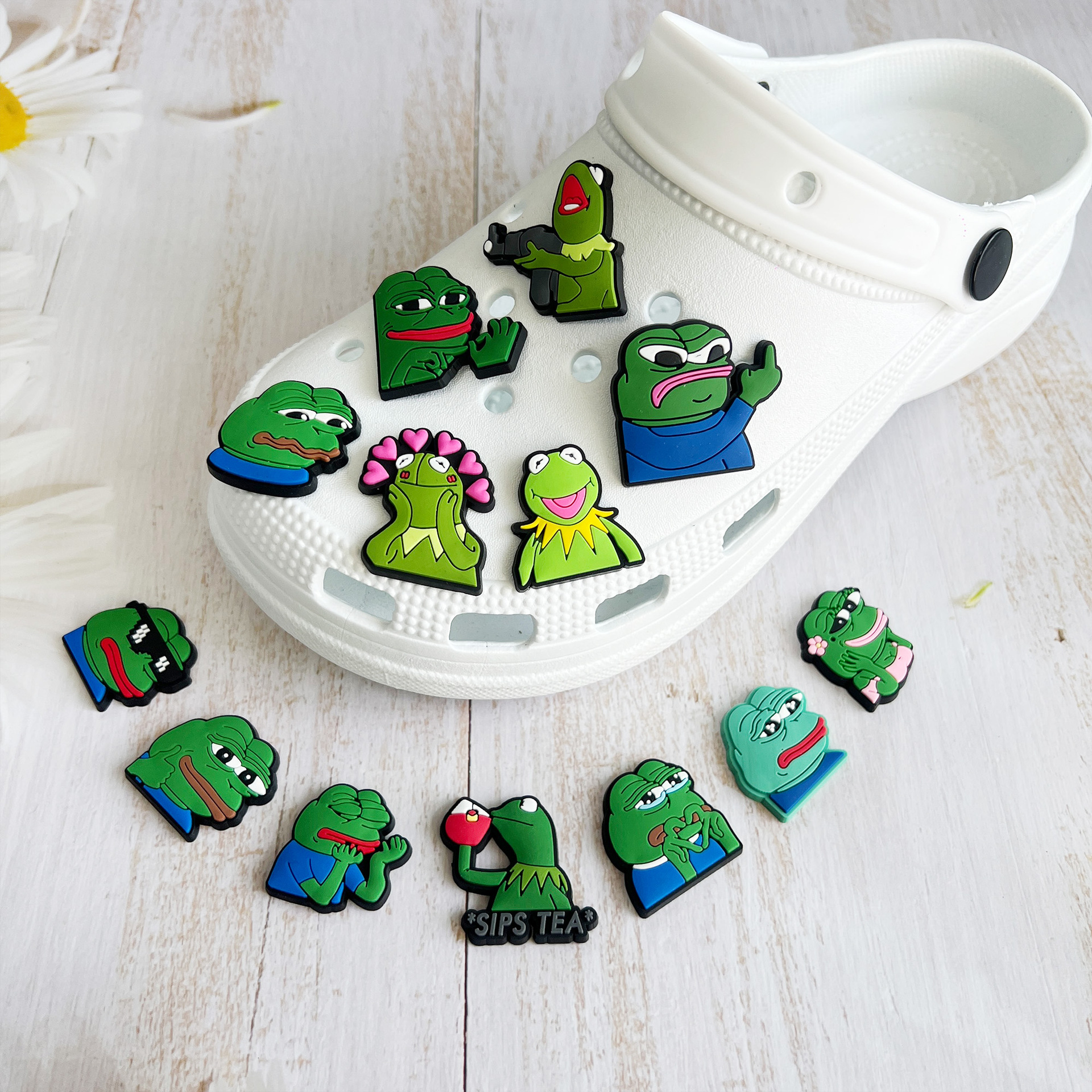 New 1Pcs PVC Sad Green Frogs S - Croc Style Clog 评论和价格